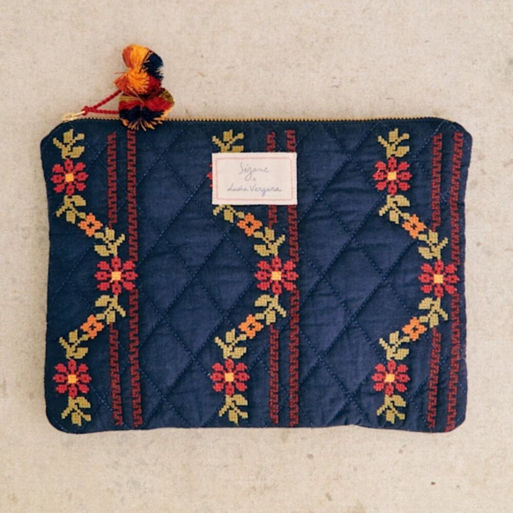 Sezane x Lucia Vergara Max Flat Pouch - Marine Blue w/ Jazmin Embroidery - NWT
